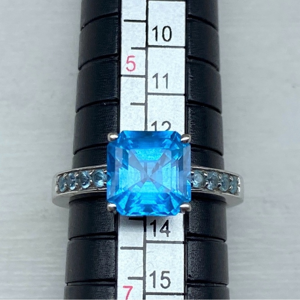 Square Emerald Cut Blue Topaz w/Aquamarine Gemstones Sterling Ring